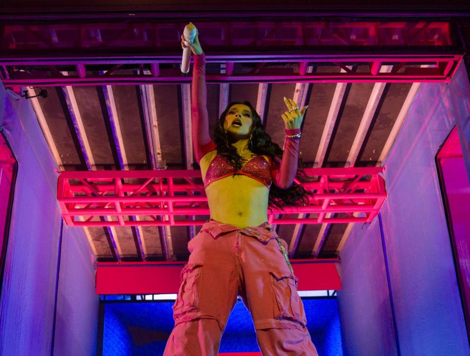 Becky G performs during her "Mi casa, tu casa" tour at the at the Abraham Chavez Theatre in El Paso, Texas on Oct. 3, 2023.