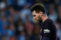 Barcelona's Lionel Messi reacts during the Spanish league football match Malaga CF vs FC Barcelona at La Rosaleda stadium in Malaga on April 8, 2017