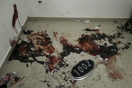 Blood stains are seen on the floor next to a plate bearing the house number of a safe house, where five people were shot dead during an operation on Friday to recapture the drug lord Joaquin "El Chapo" Guzman, at Jiquilpan Boulevard in Los Mochis in Sinaloa state, Mexico, January 11, 2016. REUTERS/Edgard Garrido