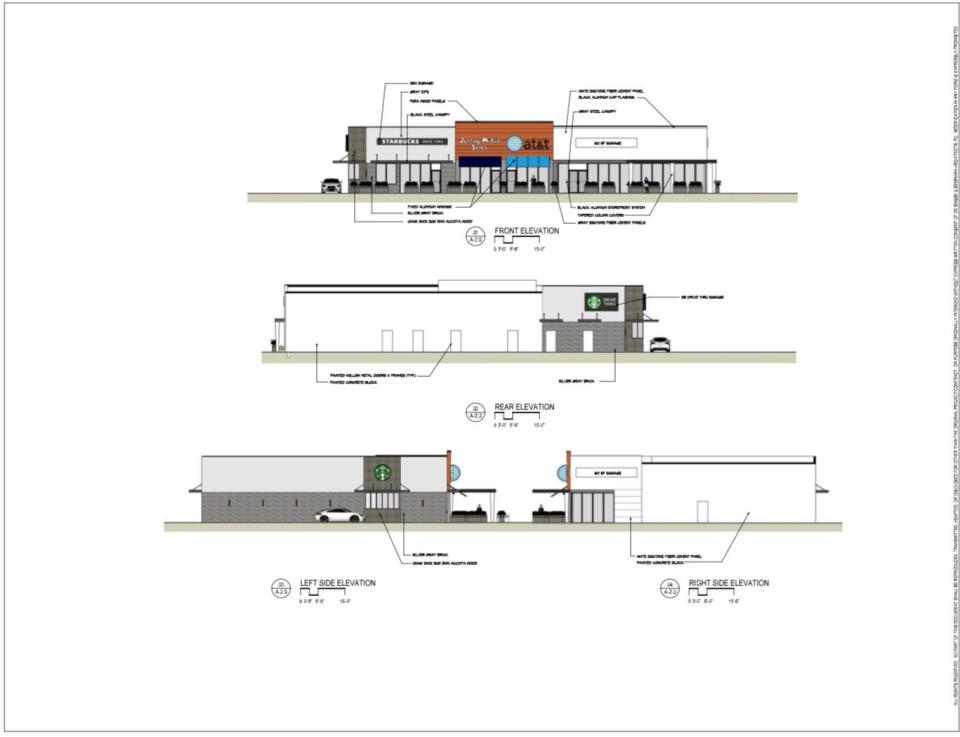 A drawing of retail building, with a Starbucks Cafe and Jersey Mike's Subs to be built in Whiting.