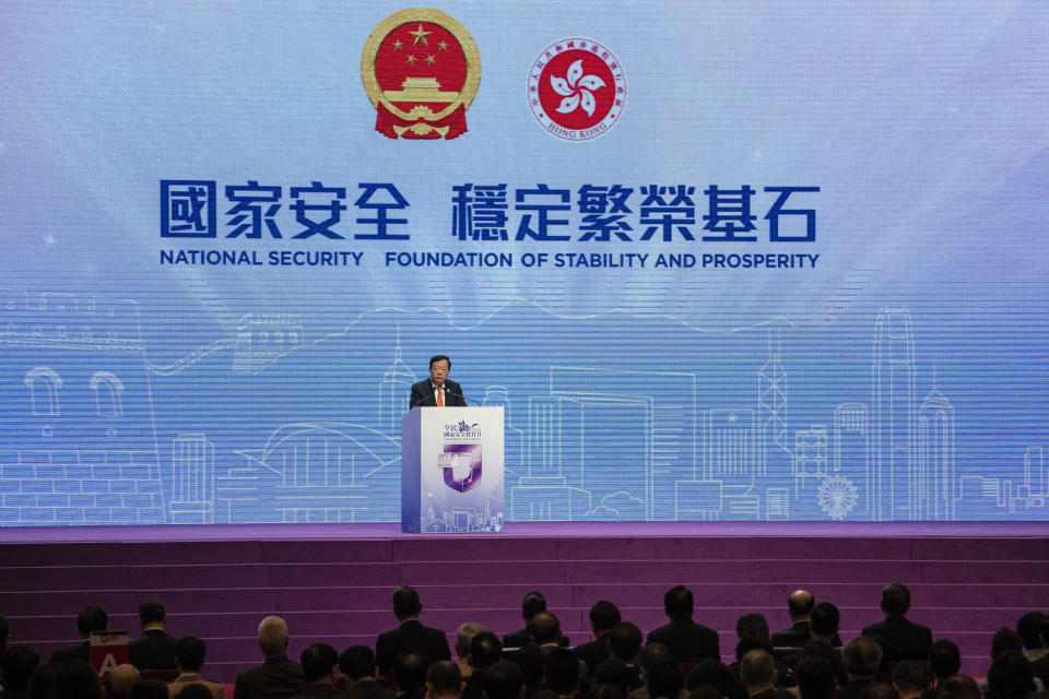 Xia Baolong, Director of the Hong Kong and Macau Affairs Office of the State Council, speaks during the National Security Education Day opening ceremony in Hong Kong in Hong Kong, Saturday, April 15, 2023. China’s senior official overseeing Hong Kong’s affairs said holding demonstrations is not the only way to express people’s views weeks after the city’s strict demonstration rules sparked controversies, signaling Beijing’s vision for the financial hub.(AP Photo/Louise Delmotte)