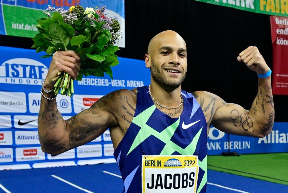 Marcell Jacobs poses after winning the men’s 60m at the ISTAF indoor athletics meeting in Berlin (AFP via Getty Images)