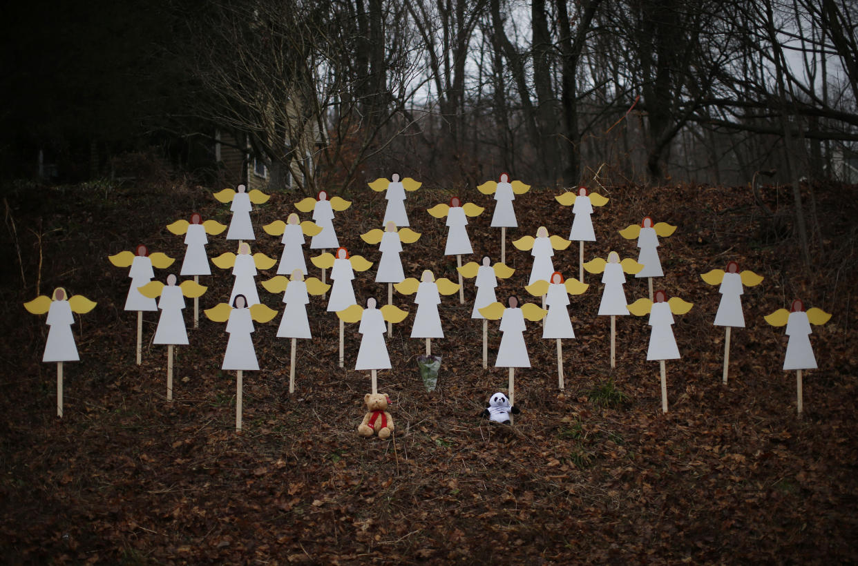 A memorial for the Sandy Hook victims, shown days after the December 2012 shooting.