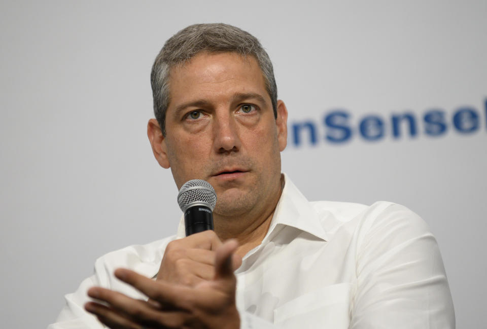 File: DES MOINES, IA - AUGUST 10: Democratic presidential candidate Rep. Tim Ryan (D-OH) (L) speaks on stage during a forum on gun safety at the Iowa Events Center on August 10, 2019 in Des Moines, Iowa. / Credit: Stephen Maturen / Getty Images