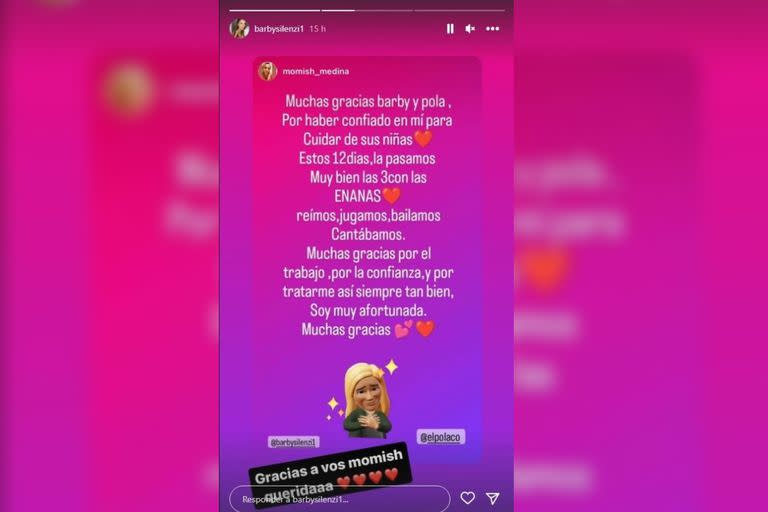 El sentido mensaje de Momish Medina a Barby Silenzi y El Polaco (Foto Instagram @momish_medina)