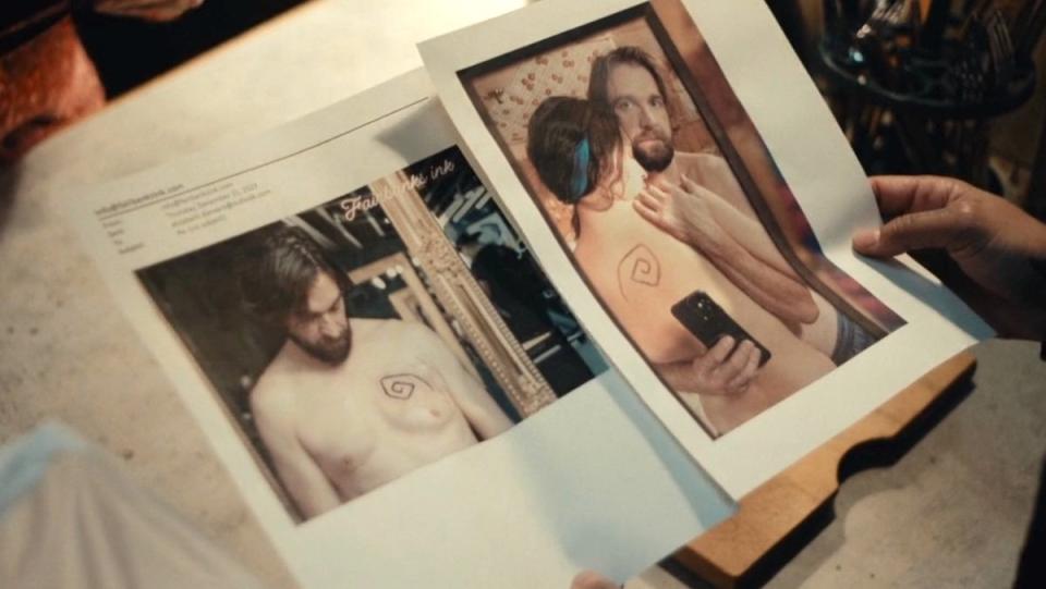 Two photos of topless people with the same swirling tattoo, one a man and woman, the other just the man, from True Detective: Night Country