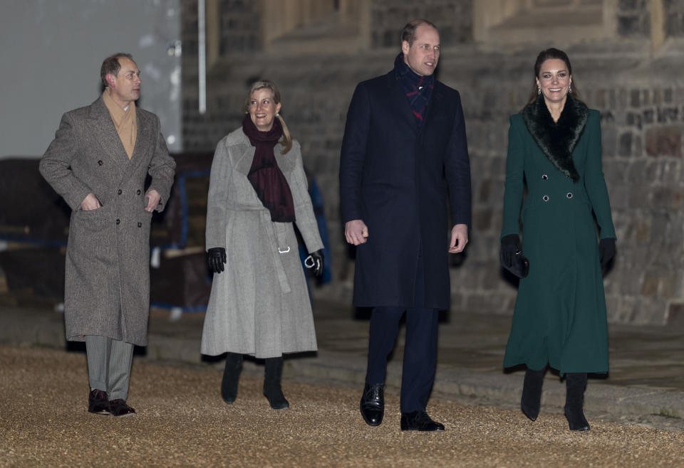 Prince William, Duke of Cambridge and Catherine, Duchess of Cambridge with Prince Edward, Earl of Wessex, Sophie, Countess of Wessex during an event to thank local volunteers and key workers in the Quadrangle at Windsor Castle on December 8, 2020 in Windsor, England.