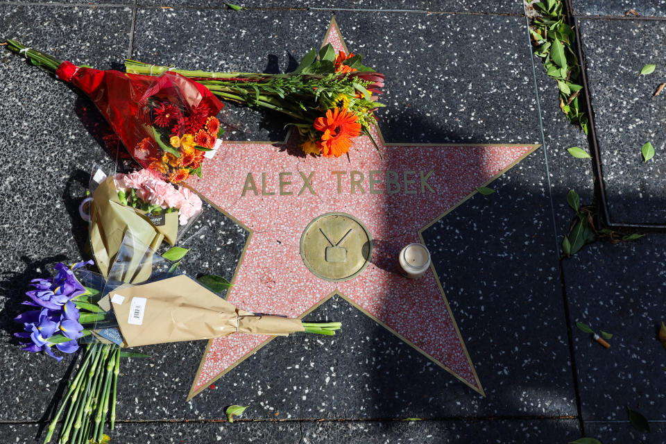 HOLLYWOOD, CALIFORNIA - NOVEMBER 08: Flowers are seen on Alex Trebek's star on the Hollywood Walk of Fame on November 08, 2020 in Hollywood, California. (Photo by Rich Fury/Getty Images)