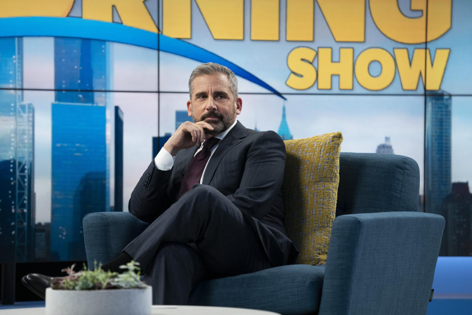 This image released by Apple TV Plus shows Steve Carell in a scene from "The Morning Show," debuting Nov. 1, launching the Apple TV Plus streaming service. (Hilary B. Gayle/Apple TV Plus via AP)