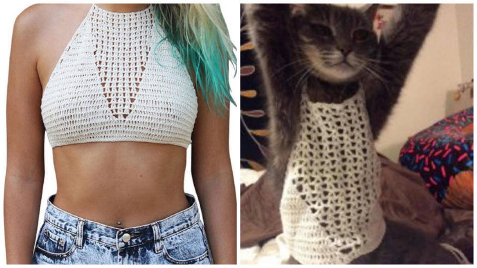 “My 16 y.o. daughter bought this thing. It is ridiculously small and I probably couldn’t legally post a picture of what it looks like if she attempts to wear it. But, so you can see… here is a picture of our cat wearing it. To be fair, it does cover all of the cats nipples, however, she hates the weave. In summary, do not buy this, even for your cat.”