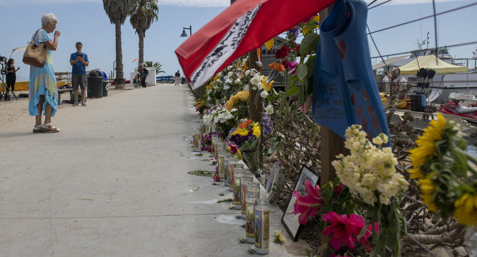 A memorial for the victims of the Conception vessel is seen outside of the Sea Landing at Santa Barbara Harbour in Santa Barbara.