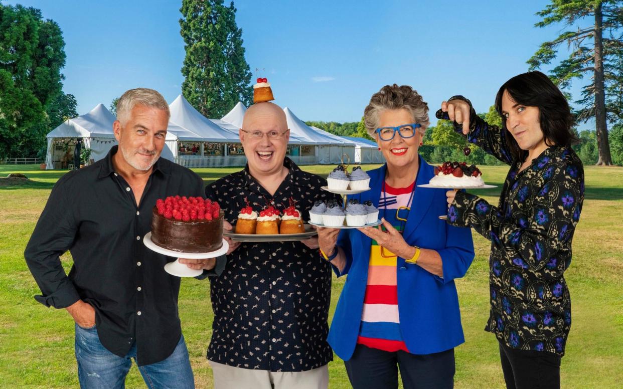 Prue Leith and the Great British Bake Off team of Paul Hollywood, Matt Lucas and Noel Fielding - Mark Bourdillon/C4/Love Productions/PA