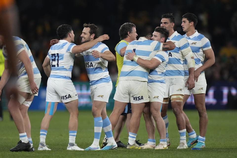 Argentina celebrate after defeating Australia in their Rugby Championship test match in Sydney, Australia, Saturday, July 15, 2023. (AP Photo/Rick Rycroft)