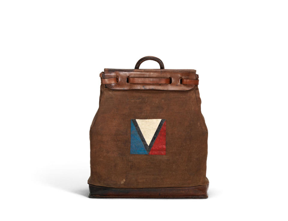 A Louis Vuitton steamer bag from 1901 at the “Volez, Voguez, Voyagez” exhibit in New York (Photo: BFA, courtesy of Louis Vuitton)