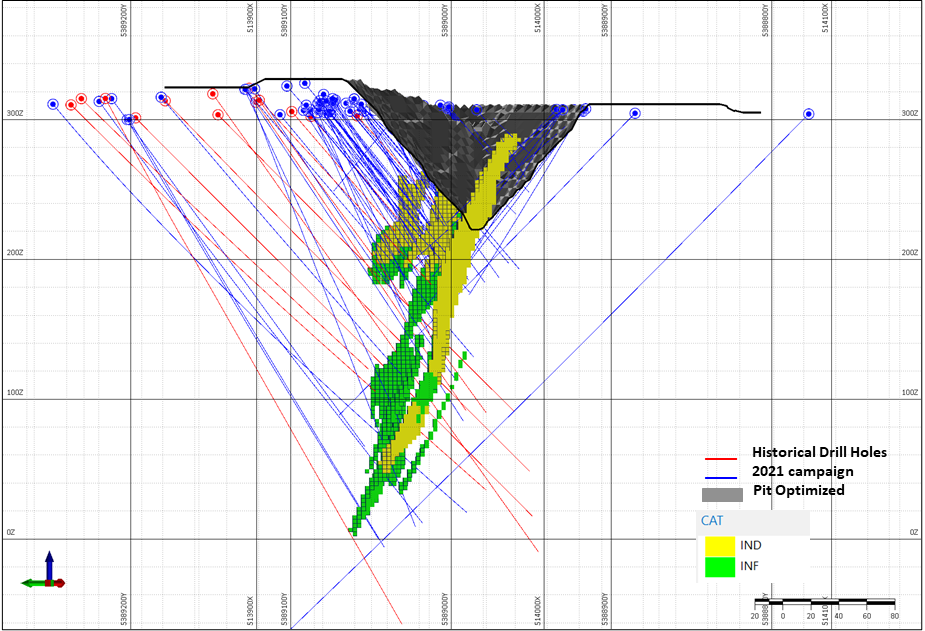 Cross-section of the Alexo South MRE (looking northeast) showing historical drill holes (red), 2021 Class 1 drill holes (blue)