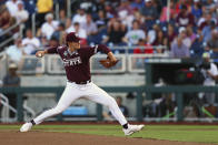 Mississippi State pitcher Will Bednar winds up against Vanderbilt during the fourth inning in Game 3 of the NCAA College World Series baseball finals, Wednesday, June 30, 2021, in Omaha, Neb. (AP Photo/John Peterson)
