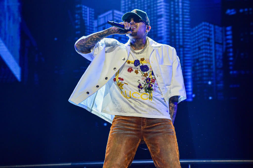Chris Brown performs on stage during the One of Them Ones tour at Capital One Arena on July 19, 2022 in Washington, DC.