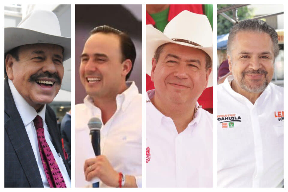 De izquierda a derecha y en orden alfabético, Armando Guadiana, Manolo Jiménez, Ricardo Mejía y Lenin Pérez. FOTOS: Cuartoscuro y redes sociales de los candidatos