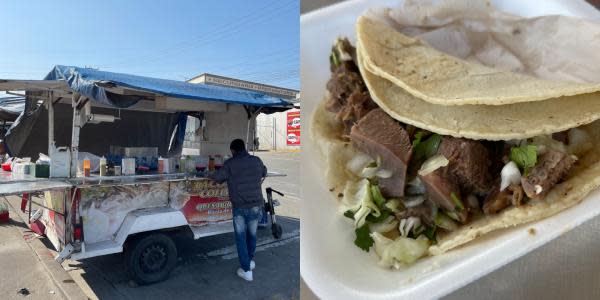 Estos tacos de birria estilo Colima en Tijuana son servidos con repollo y  cebolla curtida