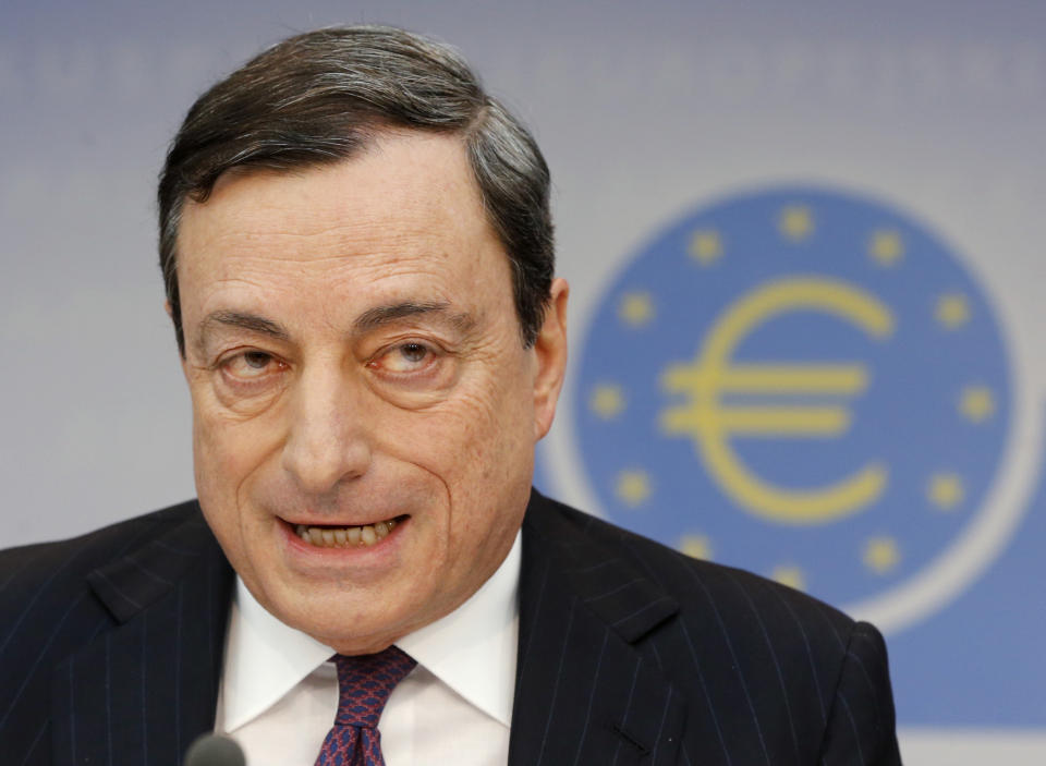 President of European Central Bank , Mario Draghi. speaks during a press conference following the meeting of the governing council in Frankfurt, Germany, Thursday, Feb. 6, 2014. The European Central Bank has left its benchmark interest rate unchanged, holding off on more stimulus despite weak economic growth and low inflation. The bank's 24-member governing council left the rate at 0.25 percent at a meeting in Frankfurt, Germany. Some analysts had thought the eurozone's monetary authority might cut the rate to 0.1 percent to try to boost growth more. (AP Photo/Michael Probst)