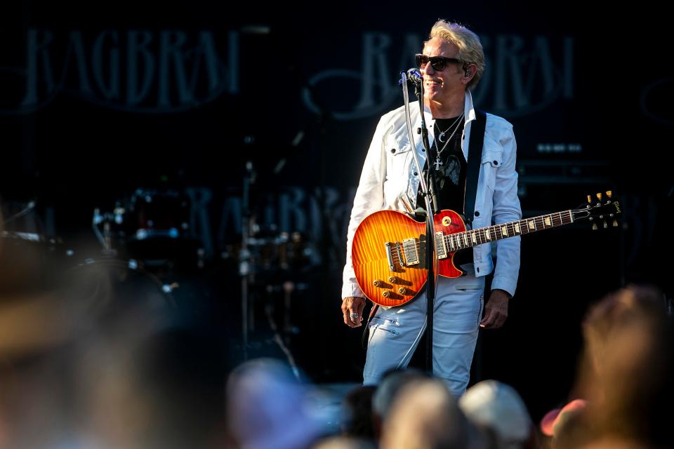 Don Felder smiles while performing during the fourth day of RAGBRAI, Wednesday, July 27, 2022, in Mason City, Iowa.