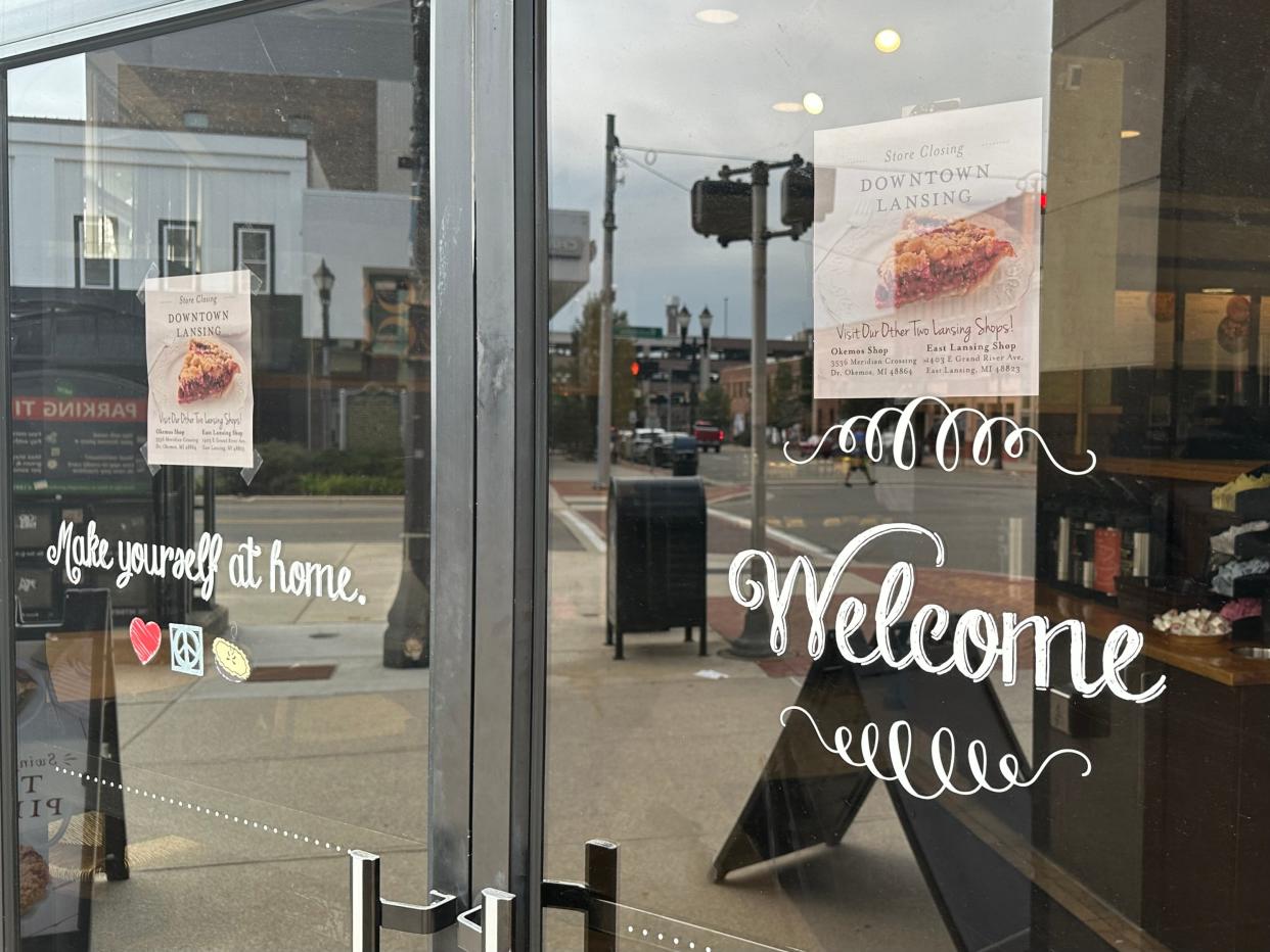 A sign outside of Grand Traverse Pie Company on Aug. 23, 2023, announcing the store's closure.