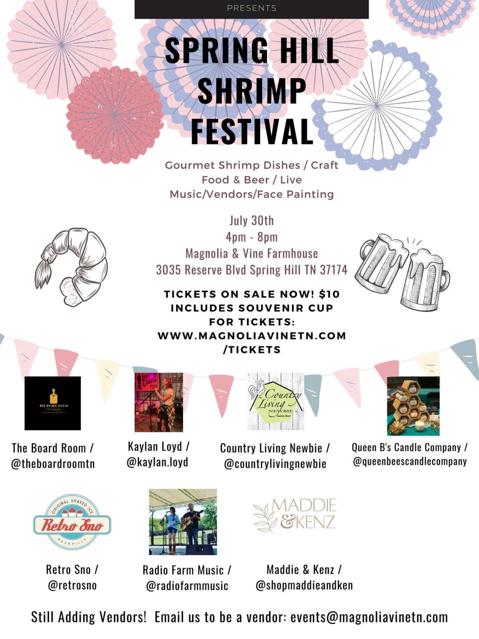 The first Spring Hill Shrimp Festival will take place Saturday, featuring gourmet shrimp dishes, face painting, live music and more.