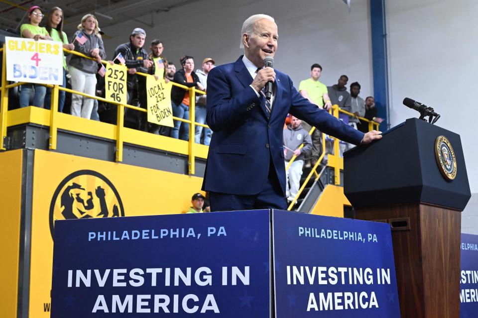 US President Joe Biden speaks about his proposed Federal budget for the fiscal year 2024 at the Finishing Trades Institute in Philadelphia, Pennsylvania, on March 9, 2023. (Photo by SAUL LOEB / AFP) (Photo by SAUL LOEB/AFP via Getty Images) ORIG FILE ID: AFP_33AV742.jpg