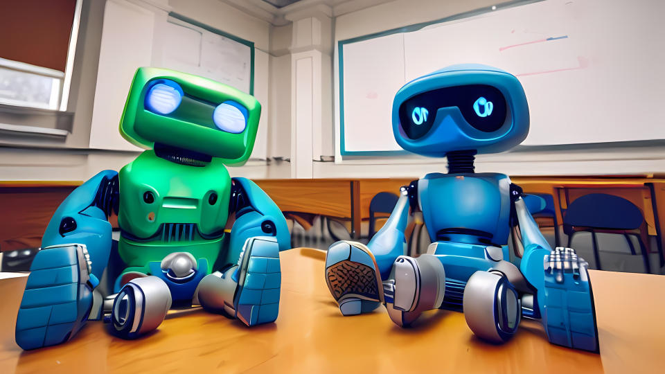 A green robot representing ChatGPT and a blue robot representing Bing Chat sitting in a school classroom