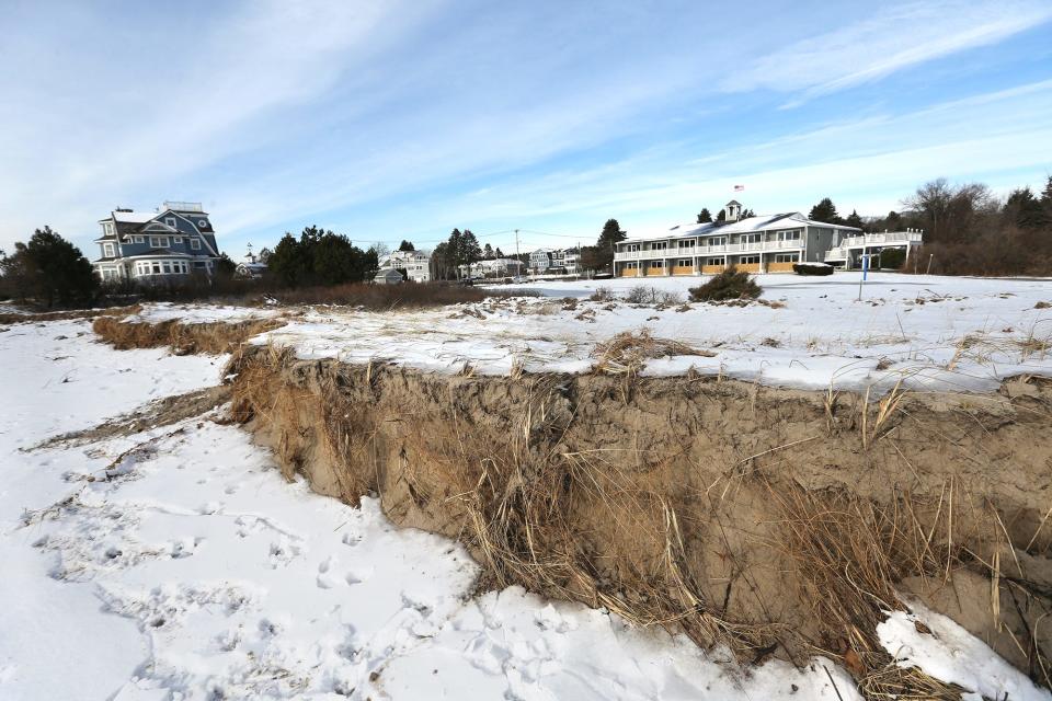 The storm left behind a scene of destruction as it tore down the seawall and swept away the sand dunes in front of the Seaside Inn in Kennebunkport.