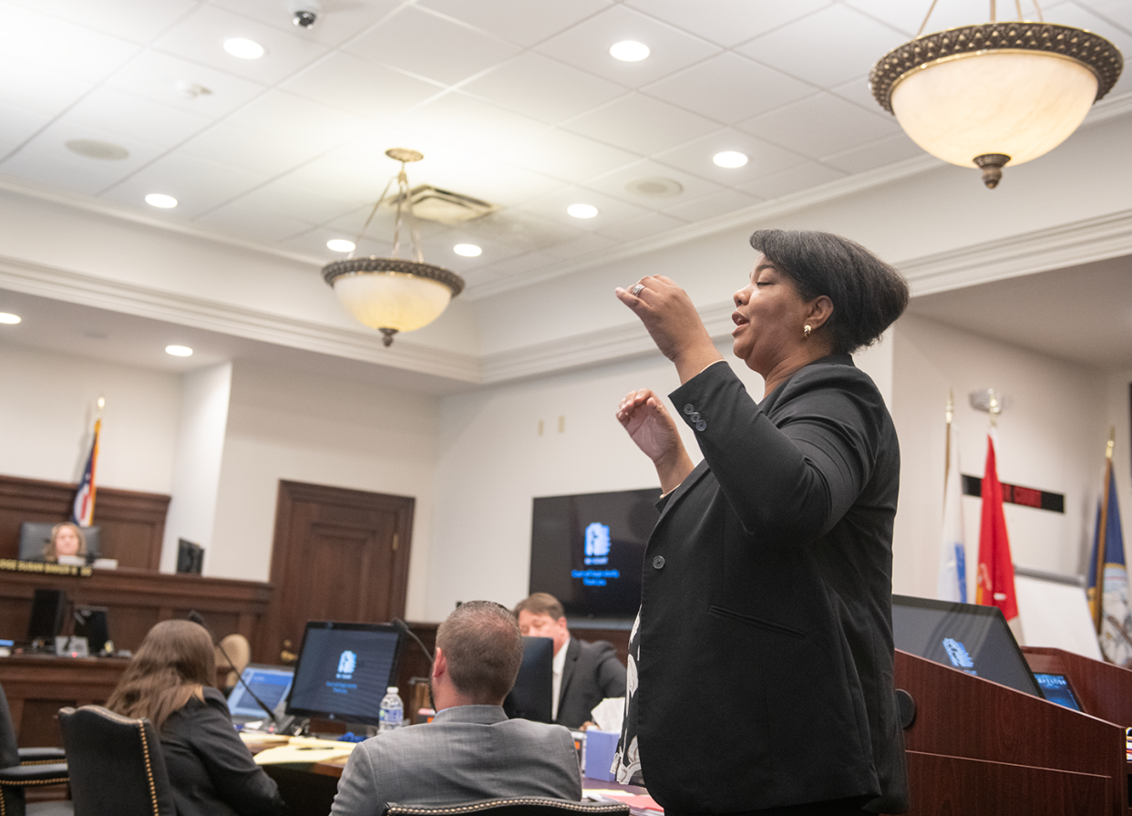 Assistant Summit County Prosecutor Jamila Mitchell delivers her opening statement in the murder trial of Thomas Ellis, who shot and killed Dominic Gray on the evening of Sept. 8.