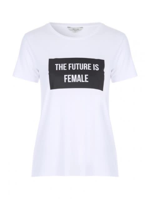 <p>'The Future Is Female' T-shirt. Available at <a rel="nofollow noopener" href="http://www.peacocks.co.uk/147474.html" target="_blank" data-ylk="slk:Peacocks - £10;elm:context_link;itc:0;sec:content-canvas" class="link ">Peacocks - £10</a></p>