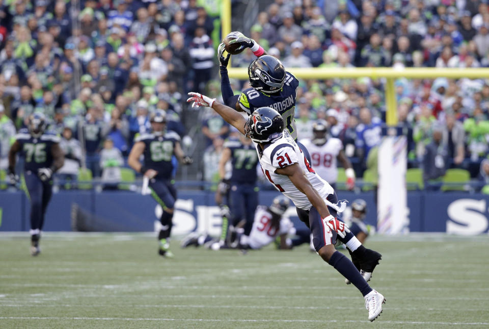 Paul Richardson, roasting the Houston Texans. (AP Photo/Elaine Thompson)