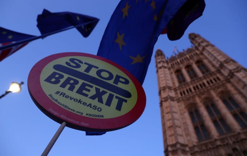 An anti-Brexit sign is seen outside the Houses of Parliament in London