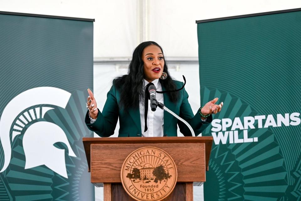 Rema Vassar, who was then the Michigan State University Board of Trustees Chairperson, speaks during a groundbreaking ceremony for the MSU Multicultural Unity Center on Friday, April 21, 2023, on campus in East Lansing.