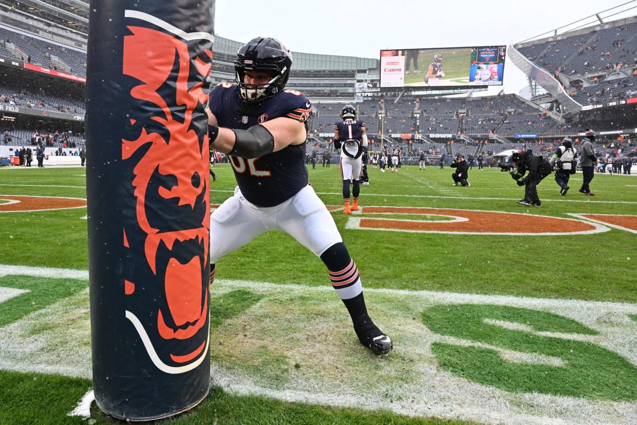 Chicago Bears offensive lineman Lucas Patrick (62) warms up before a game against the Atlanta Falcons at Soldier Field.