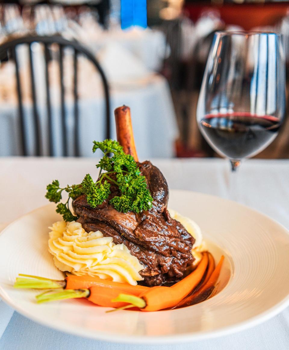 Braised lamb shank in red wine at La Goulue.