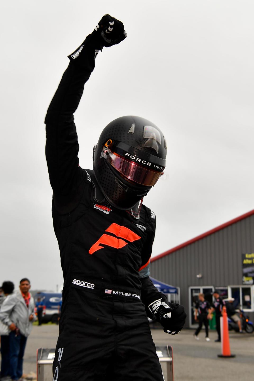 Myles Rowe celebrates after grabbing his first USF2000 victory of his rookie season Sunday at New Jersey Motorsports Park.