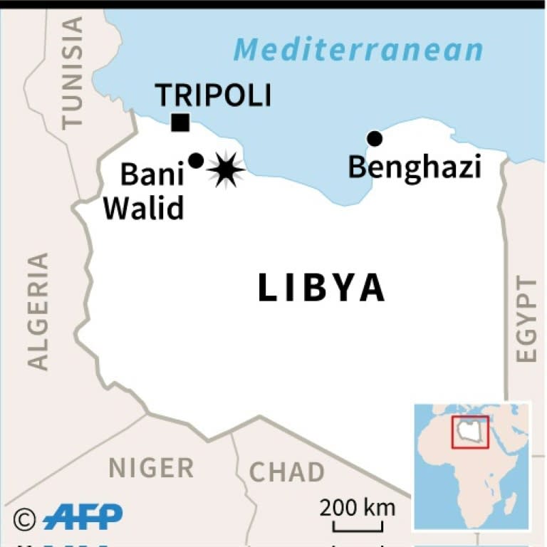 Map locating Bani Walid in Libya where many migrants travelling in a truck were killed in a crash