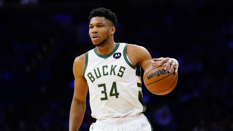 Milwaukee Bucks' Giannis Antetokounmpo plays during an NBA basketball game, Tuesday, March 29, 2022, in Philadelphia. (AP Photo/Matt Slocum)