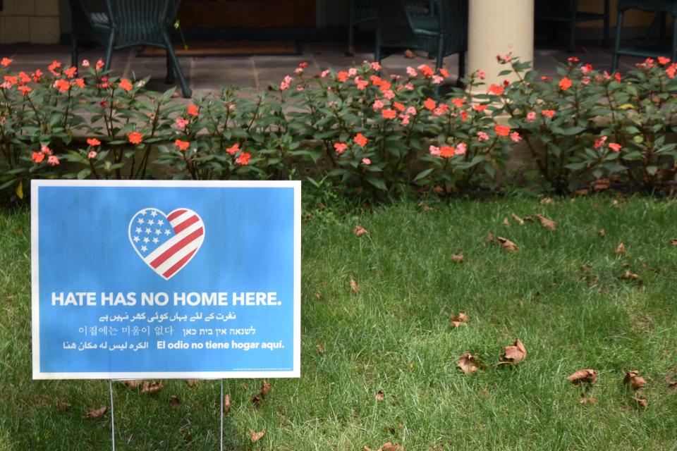 A sign urging tolerance stands outside a South Jersey home in a 2020 file photo.