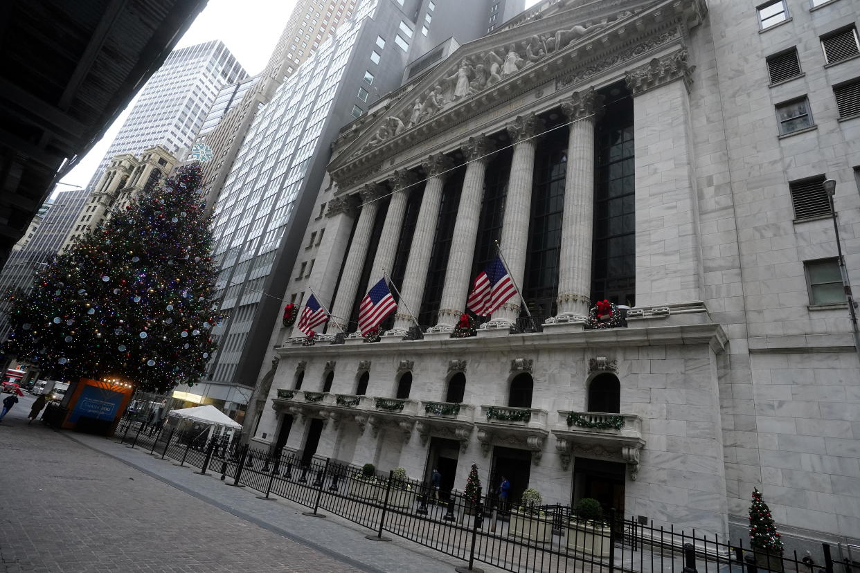 A Christmas tree is pictured outside the New York Stock Exchange during the coronavirus disease (COVID-19) pandemic in the Manhattan borough of New York City, New York, U.S., December 16, 2020. REUTERS/Carlo Allegri