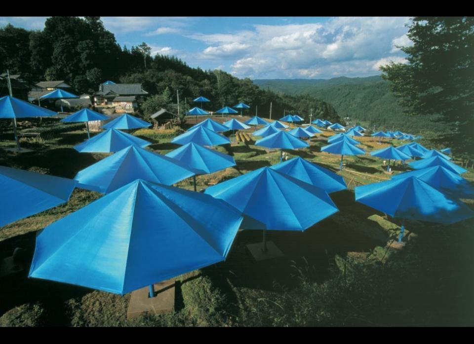 Wolfgang Volz  Caption: Christo and Jeanne-Claude  "The Umbrellas, Japan-USA, Ibaraki, Japan site, 1984-91"  1,340 blue umbrellas in Ibaraki, Japan  1,760 yellow umbrellas in California  Height of each: 6 m (19 ft. 8 in.)  Diameter of each: 8.66 m (28 ft. 6 in.)