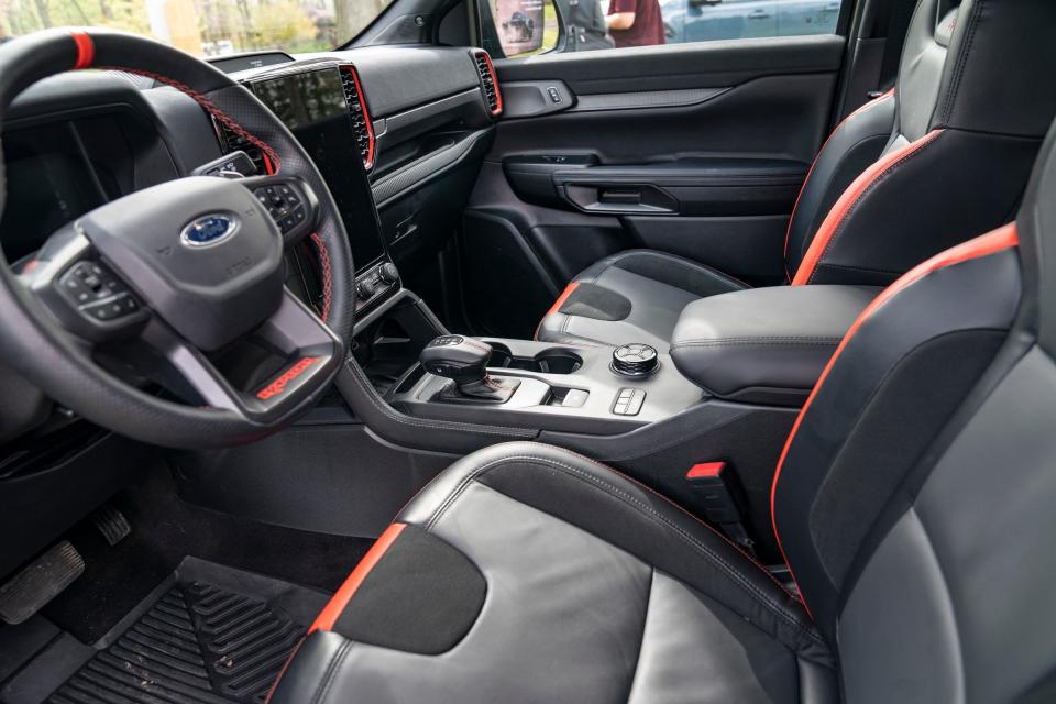 The interior of the new 2024 Ford Ranger Raptor series that was revealed during an event on May 8, 2023, at Camp Woodbury in Dexter.