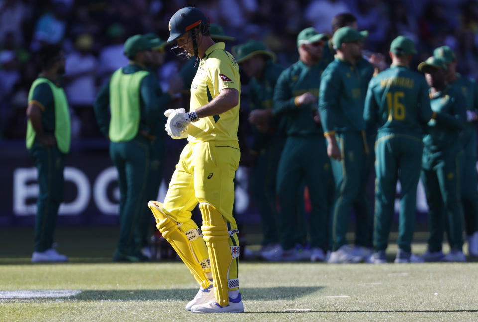 Australia's Mitchell Marsh leaves the field after being dismissed during the fifth and final ODI cricket match between South Africa and Australia at the Wanderers Stadium in Johannesburg, South Africa, Sunday, Sept. 17, 2023. (AP Photo)