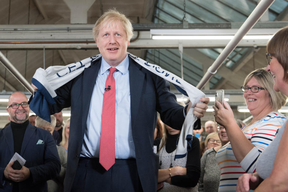 Prime Minister Boris Johnson speaking during a visit to the John Smedley Mill, while election campaigning in Matlock, Derbyshire.