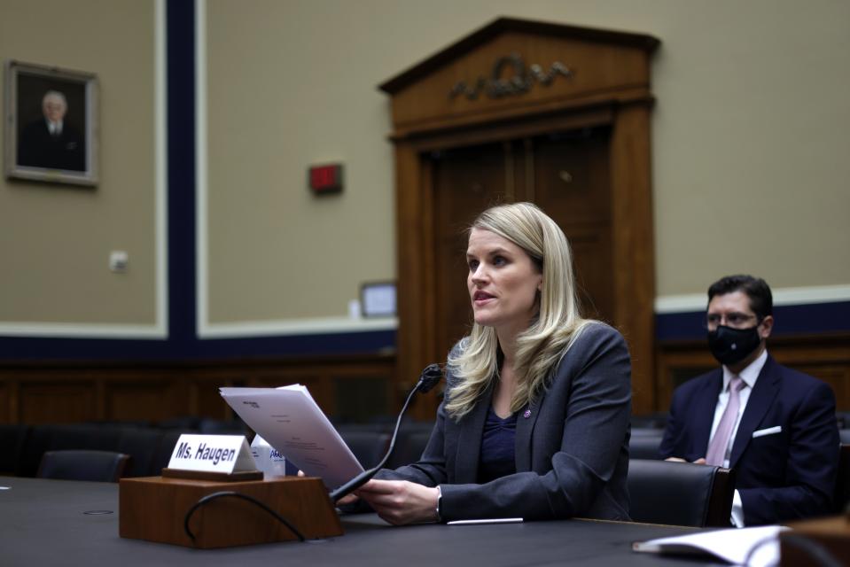 WASHINGTON, DC - DECEMBER 01: Former Facebook employee Frances Haugen testifies during a hearing before the Communications and Technology Subcommittee of House Energy and Commerce Committee December 1, 2021 on Capitol Hill in Washington, DC. The subcommittee held a hearing on "Holding Big Tech Accountable: Targeted Reforms to Tech's Legal Immunity." (Photo by Alex Wong/Getty Images) ORG XMIT: 775746579 ORIG FILE ID: 1356621486