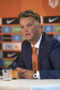 Netherlands coach Louis van Gaal meets the media to announce the Netherlands World Cup 2022 squad, at the KNVB Campus in Zeist, Netherlands, Friday, Nov. 11, 2022. (AP Photo/Patrick Post)