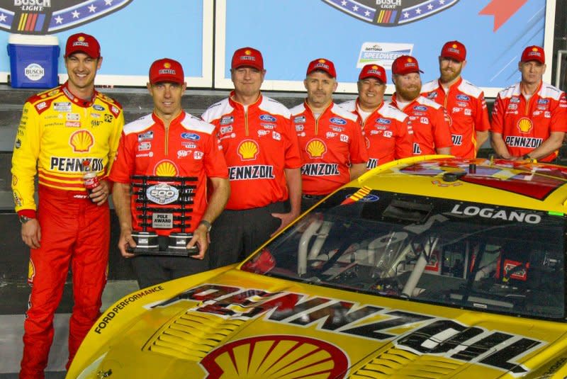 Joey Logano and his team win the pole for the 66th Daytona 500 on Wednesday in Daytona Beach, Fla. Photo by Mike Gentry/UPI