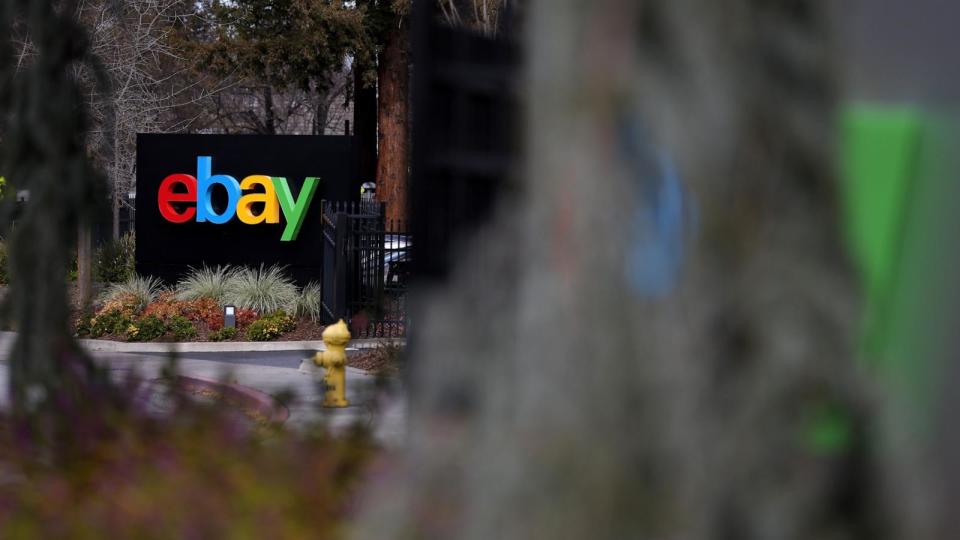 PHOTO: A sign is posted in front of eBay headquarters, Feb. 22, 2023, in San Jose, Calif. (Justin Sullivan/Getty Images)